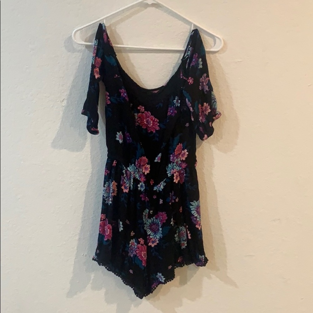 black pattered off the shoulder romper